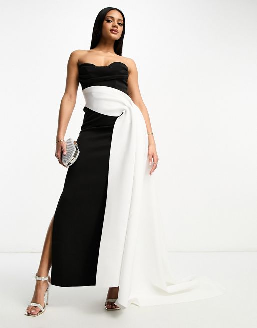 ASOS DESIGN Premium – Czarno-biała sukienka maxi z dekoltem bandeau | ASOS