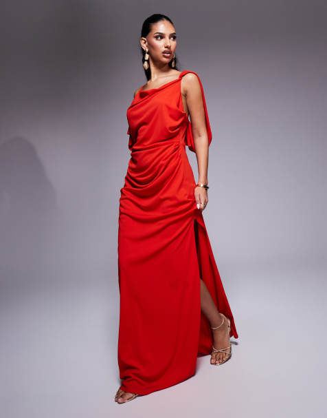 ASOS DESIGN Premium – Czerwona lejąca sukienka maxi z drapowanym dekoltem - view 1