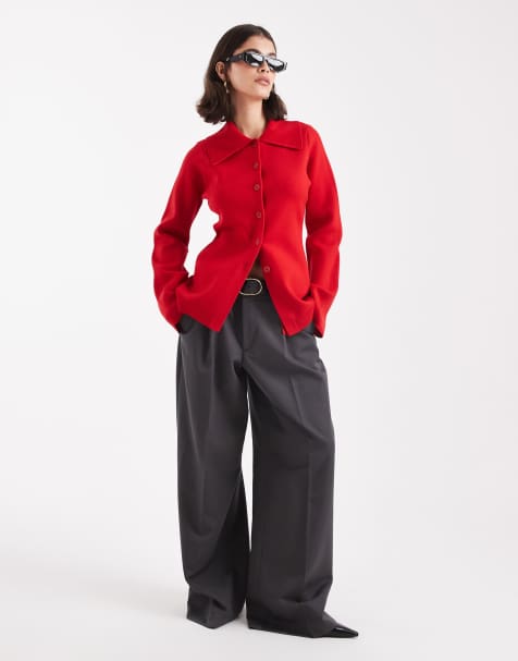 ASOS DESIGN Premium compact knit cardigan with collar detail in red