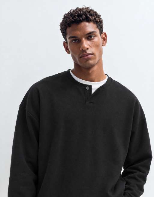 ASOS DESIGN premium de tejido grueso y extragrande estilo henley en negro, 8 de 9