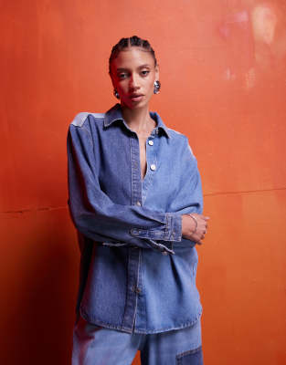 Asos Design Premium Denim Shirt In Color Block-blue