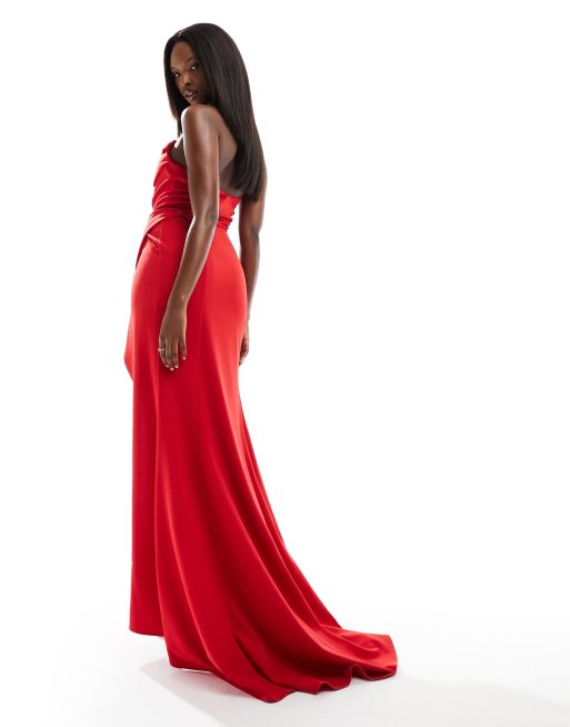 ASOS DESIGN premium draped bandeau maxi dress with high slit in red