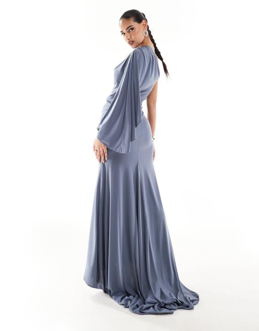 ASOS DESIGN - Premium - Draperet oneshoulder-maxikjole med slæbdetalje i skiferblå, 3 af 4