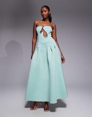 Asos Design Premium Dropped Waist Maxi Dress With Squiggle Trim In Green