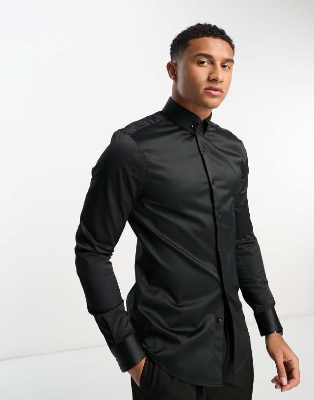 ASOS DESIGN Premium easy iron slim sateen shirt with collar bar in black