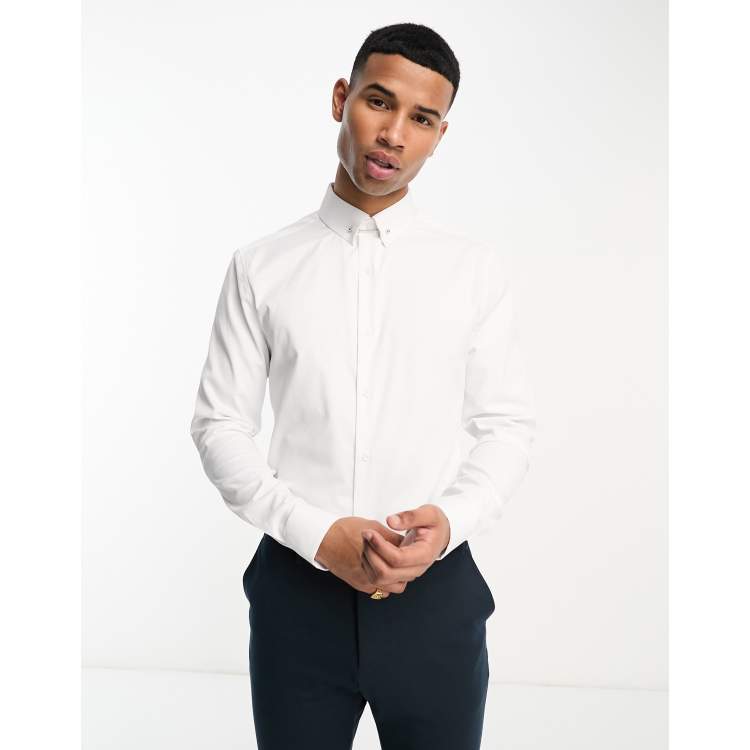 ASOS DESIGN Premium slim fit sateen mandarin collar shirt in white