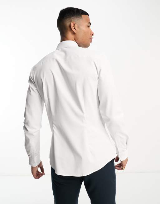 ASOS DESIGN Premium easy iron slim sateen shirt with collar bar in