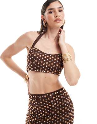 Asos Design Premium Embellished Crop Top In Chocolate - Part Of A Set-brown