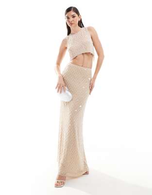 ASOS DESIGN premium embellished grid maxi skirt co-ord in cream - view 1