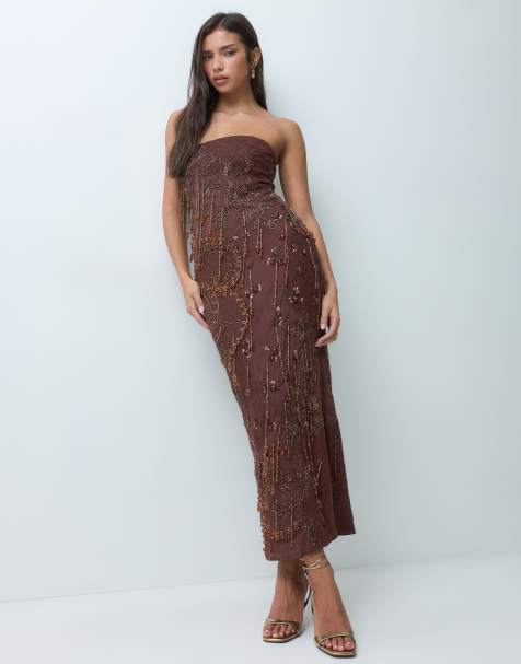 ASOS DESIGN premium embellished lace and tassel bandeau maxi dress in chocolate