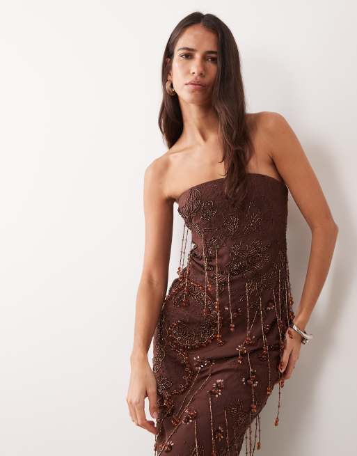ASOS DESIGN premium embellished lace and tassel bandeau maxi dress in chocolate, 2 of 4
