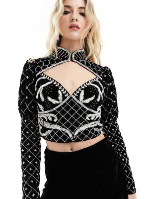 Asos Design Premium Embellished Velvet And Pearl Cut Out Detail Top In Black