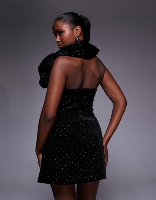 ASOS DESIGN Premium embellished velvet structured mini dress with ruched halter neck in black, 4 of 4