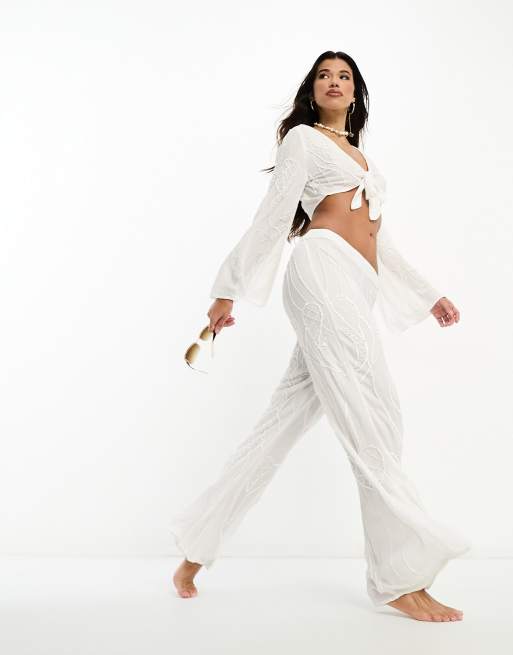 ASOS DESIGN wide leg beach trouser co-ord in white gauze