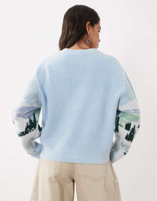 ASOS DESIGN premium embroidered scenic jumper in blue, 4 of 4