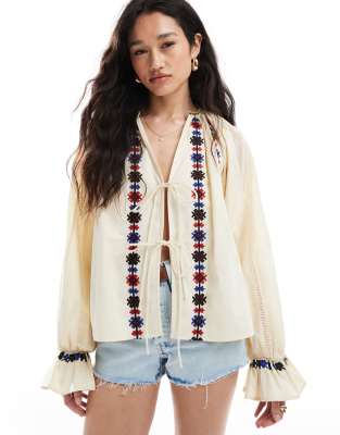 Asos Design Premium Embroidered Tie Front Top With Volume Sleeve-multi In Neutral