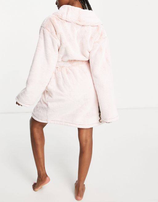 ASOS DESIGN super soft pop smile fleece mini robe in pink