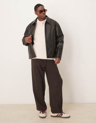 ASOS DESIGN Premium faux leather oversized harrington jacket in brown