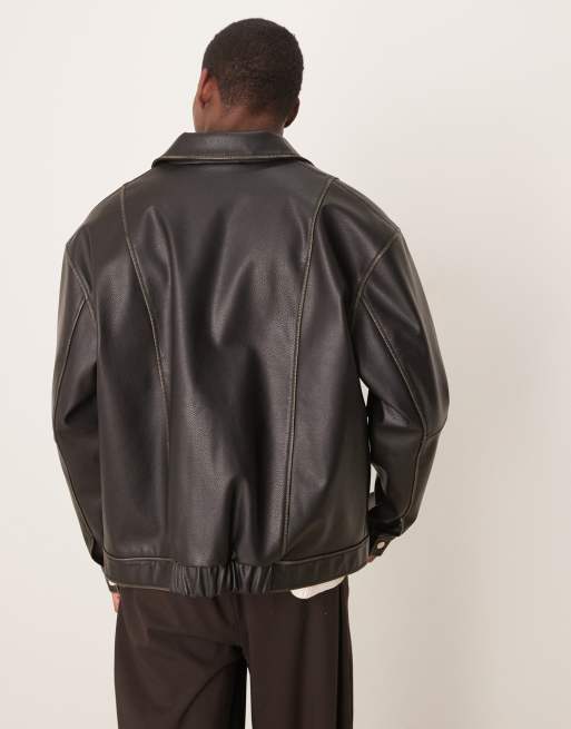 ASOS DESIGN Premium faux leather oversized harrington jacket in brown
