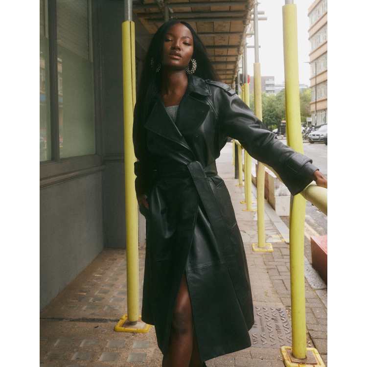 Long black leather trench on sale coat