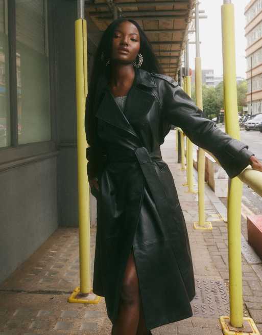 Long black leather store trench coat