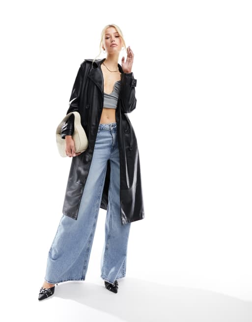 ASOS DESIGN premium faux leather midi length trench coat in black, 4 of 5