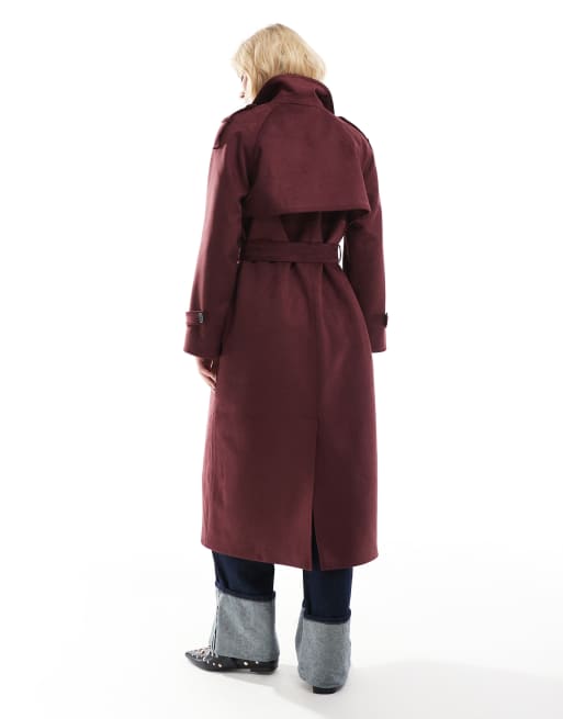 ASOS DESIGN premium faux suede trench coat in burgundy, 3 of 4