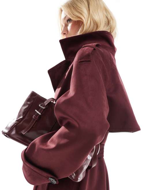 ASOS DESIGN premium suedette trench coat in burgundy