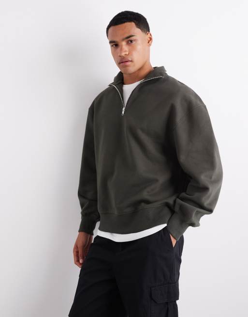 ASOS DESIGN premium felpa oversize pesante con mezza zip color kaki, 1 di 6