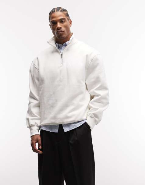ASOS DESIGN premium felpa oversize pesante con mezza zip in bianco sporco - view 1