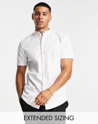 ASOS DESIGN Premium fit slim sateen shirt with mandarin collar in white | ASOS