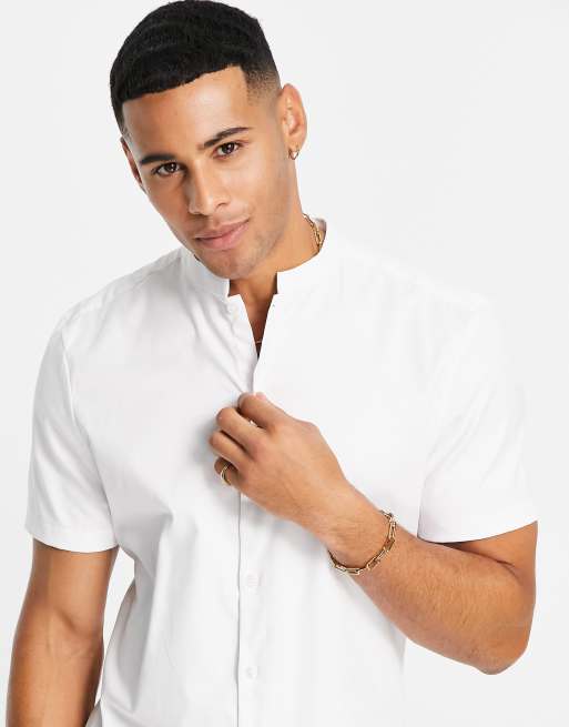 ASOS DESIGN Premium fit slim sateen shirt with mandarin collar in white