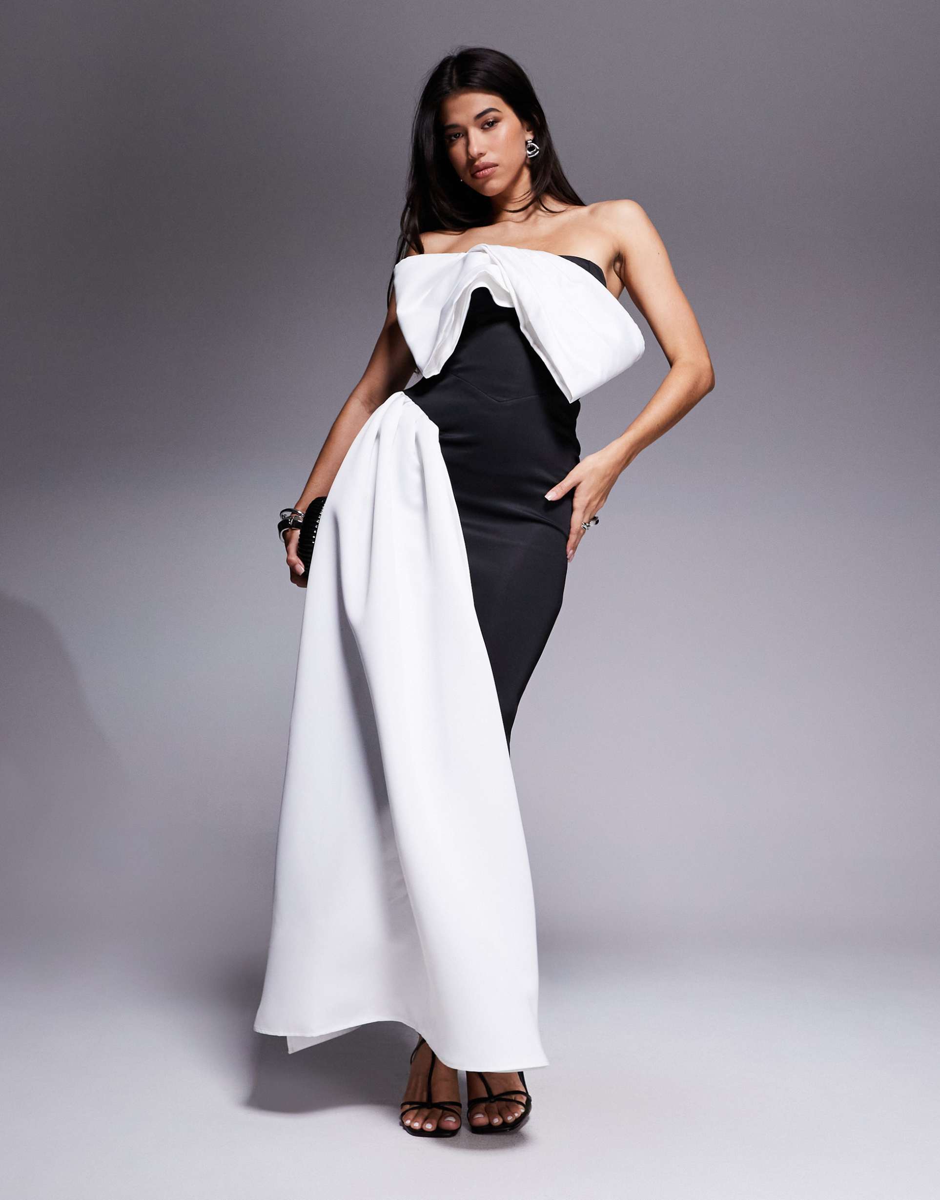 asos design premium fold over bardot maxi dress with contrast sash detail in black in scuba-style fabric