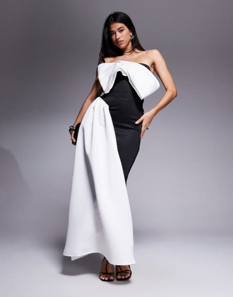 ASOS DESIGN Premium fold over bardot maxi dress with contrast sash detail in black scuba-style fabric - view 1