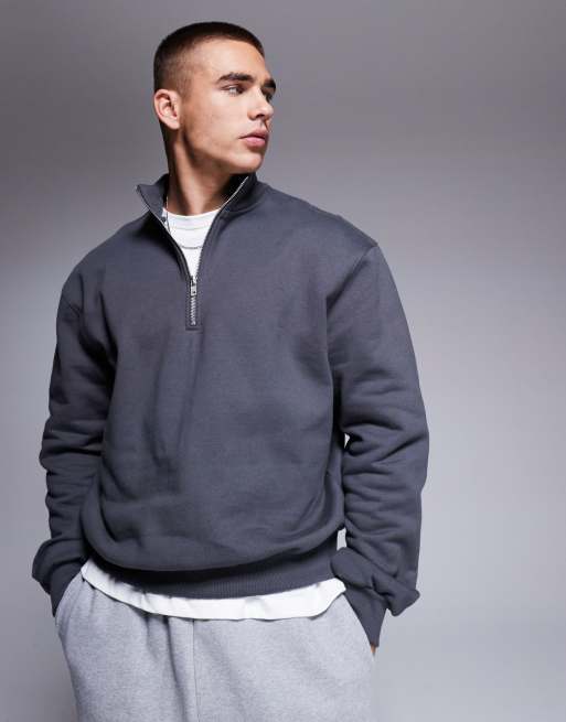 ASOS DESIGN - Premium - Forvasket sort sweatshirt med oversized og firkantet pasform og lynlås i halsen i kraftigt stof på 400 gsm