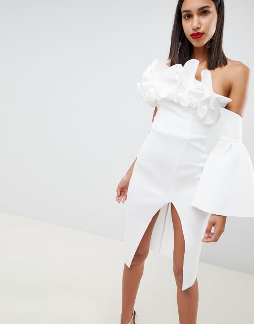 ASOS DESIGN premium frill shoulder one sleeve midi dress