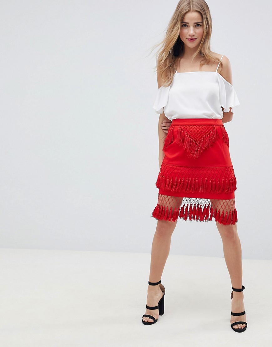 ASOS DESIGN premium fringe mini skirt-Red