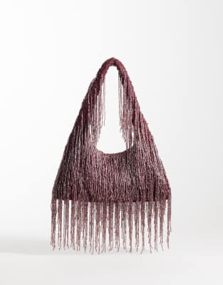 Asos Design Premium Fringed Embellished Shoulder Bag In Red