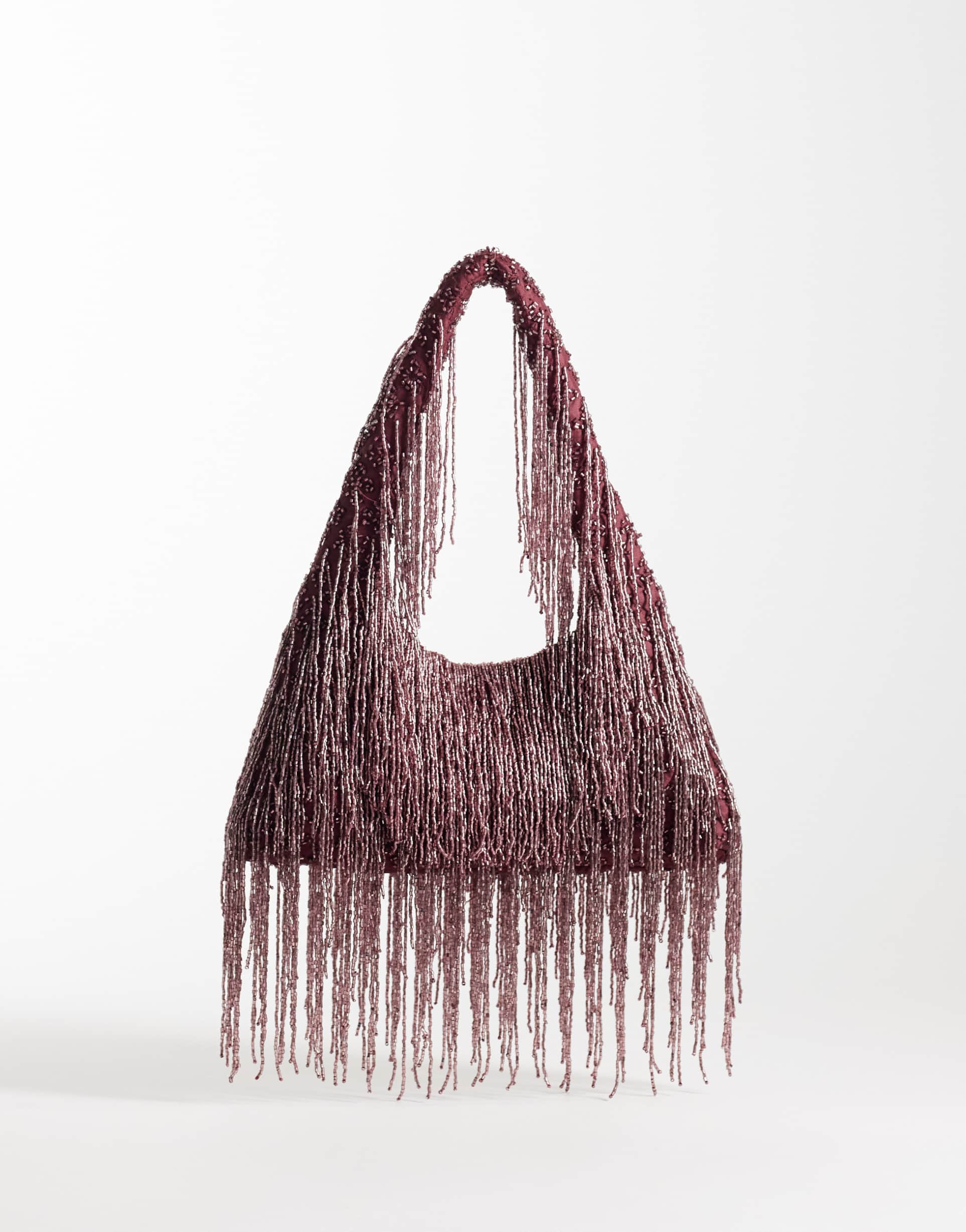 asos design premium fringed embellished shoulder bag in burgundy