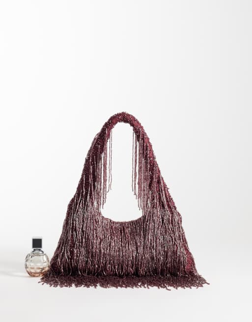 ASOS DESIGN Premium fringed embellished shoulder bag in burgundy, 2 of 4