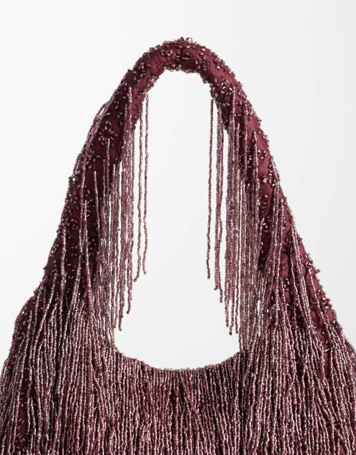 ASOS DESIGN Premium fringed embellished shoulder bag in burgundy, 3 of 4