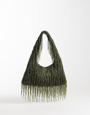 Asos Design Premium Fringed Embellished Shoulder Bag In Green