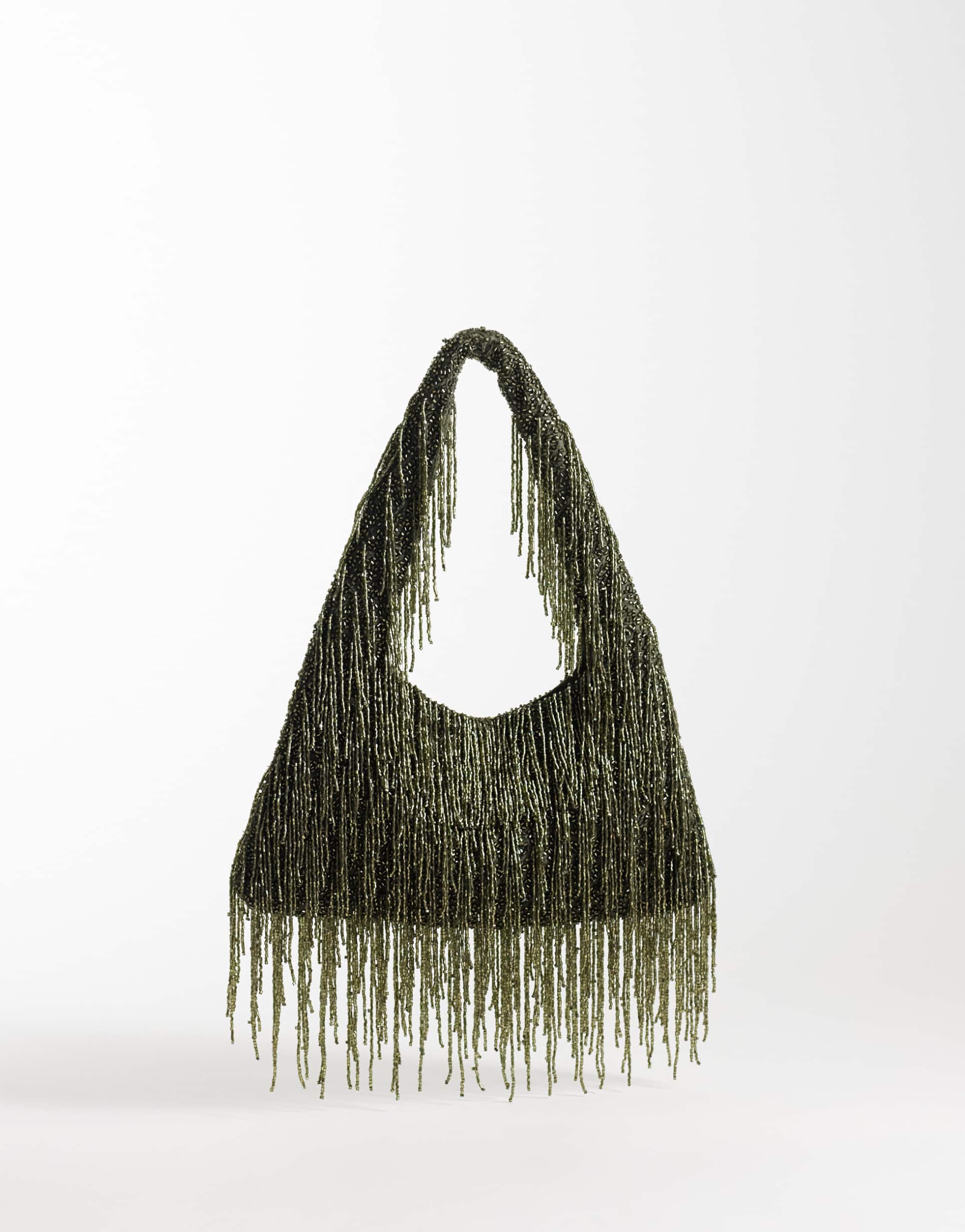 asos design premium fringed embellished shoulder bag in green