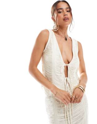 ASOS DESIGN ASOS DESIGN premium fringed tie front waistcoat co-ord in cream-White