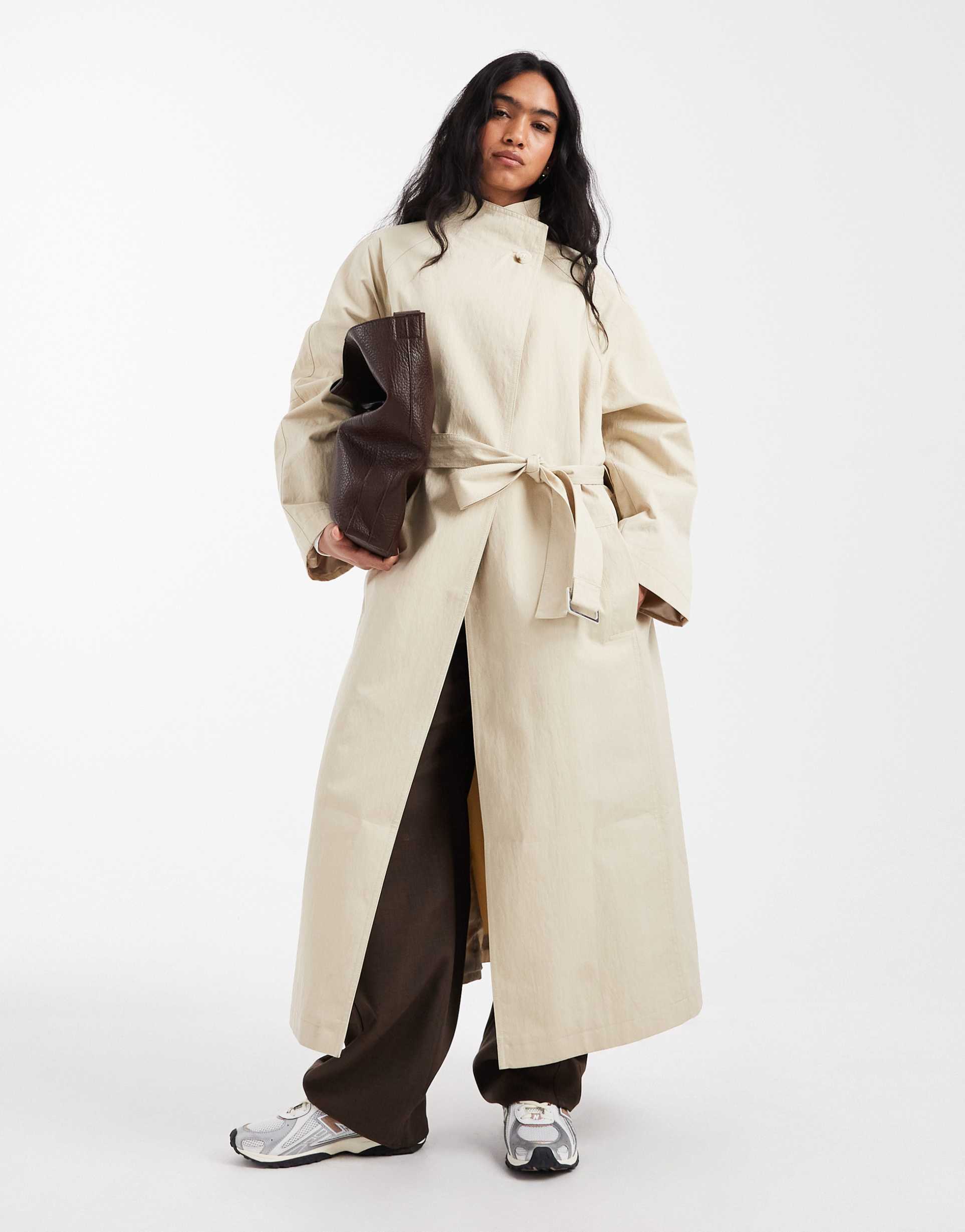 asos design premium funnel neck longline trench in oatmeal