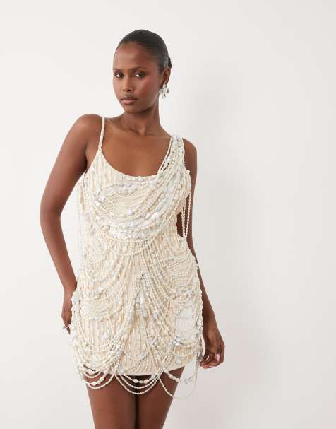 ASOS DESIGN premium gedrapeerde mini-jurk met parels in ivoorwit - view 1