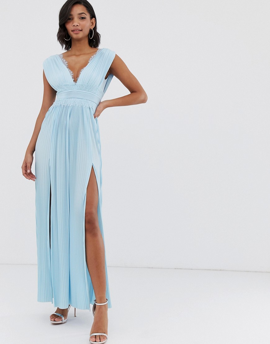 ASOS DESIGN - PREMIUM - Geplooide lange jurk met kanten inzetstukken-Blauw