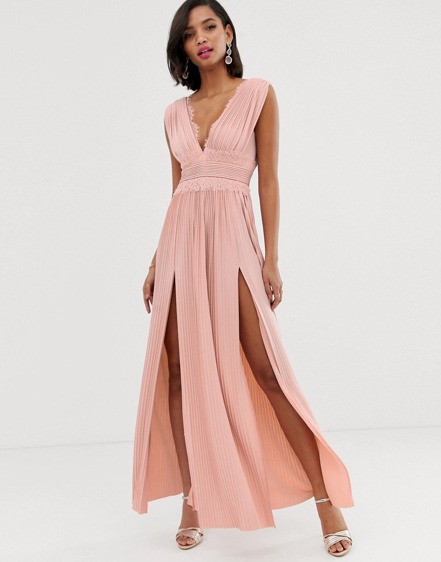 ASOS DESIGN - PREMIUM - Geplooide lange jurk met kanten inzetstukken-Roze