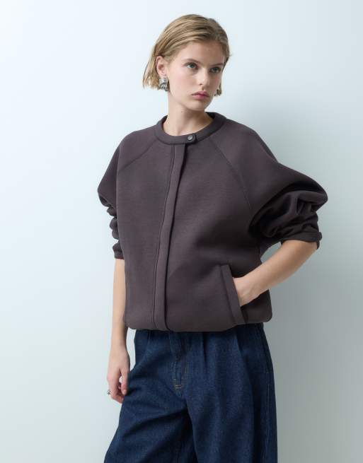 ASOS DESIGN premium giacca bomber sportiva marrone in tessuto effetto scuba, 2 di 5