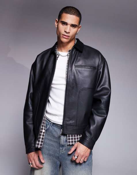 ASOS DESIGN Premium - Giacca harrington in vera pelle nera con colletto in camoscio - view 1